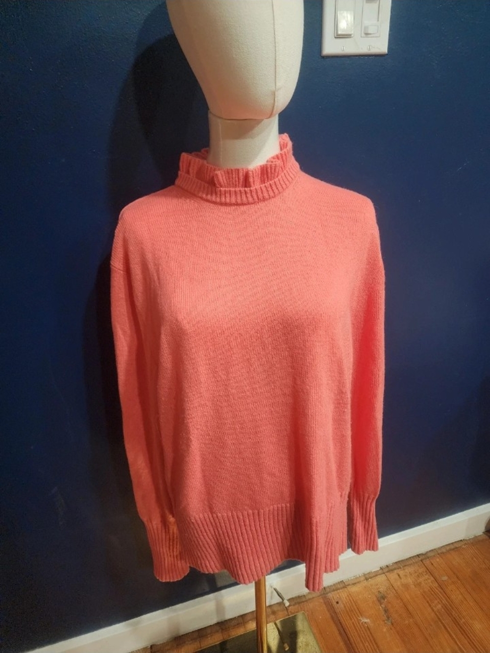 J. Crew Coral Pink Ruffled Mock Neck Sweater